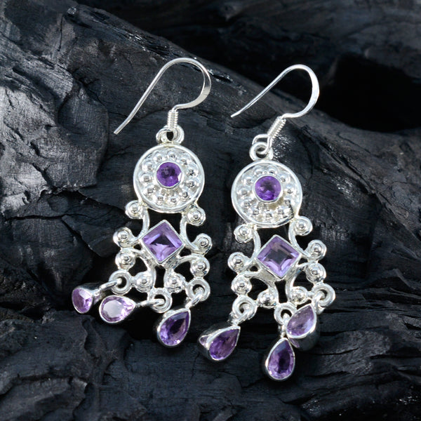 Riyo Pretty Sterling Silver Earring For Damsel Amethyst Earring Bezel Setting Purple Earring Dangle Earring