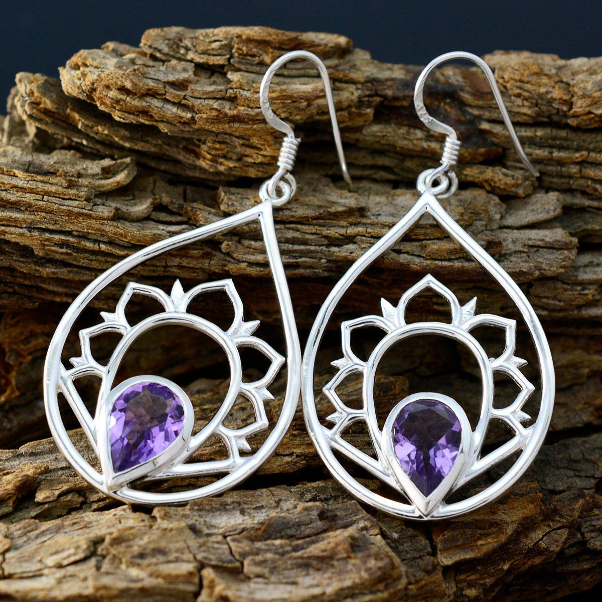 Riyo Fit 925 Sterling Silver Earring For Wife Amethyst Earring Bezel Setting Purple Earring Dangle Earring