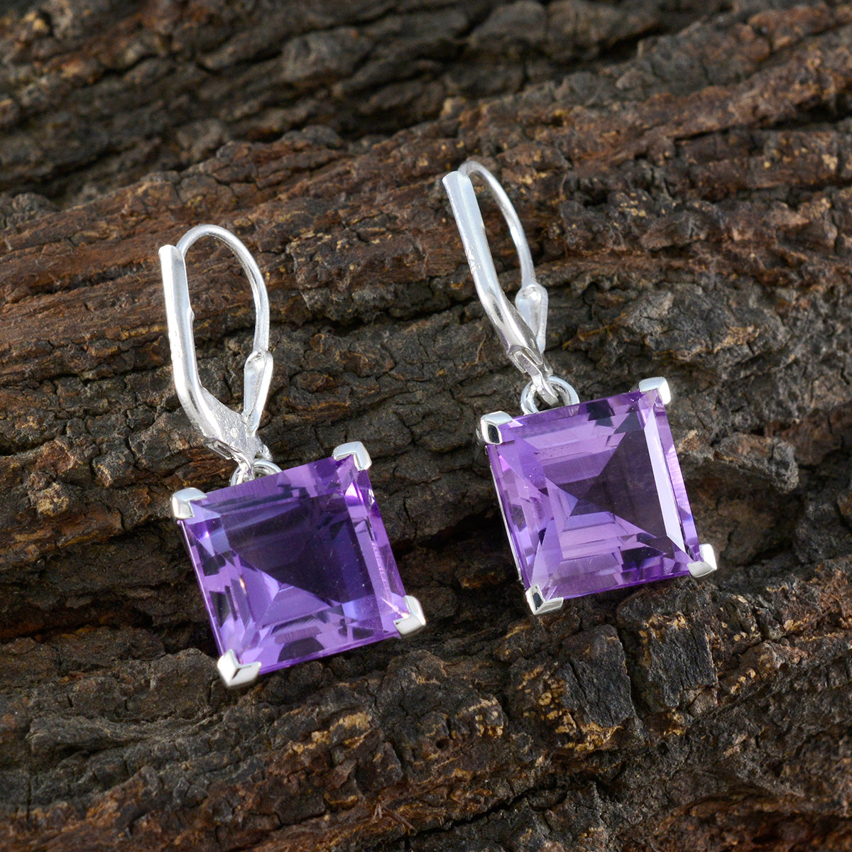 Riyo Spunky Sterling Silver Earring For Female Amethyst Earring Bezel Setting Purple Earring Dangle Earring