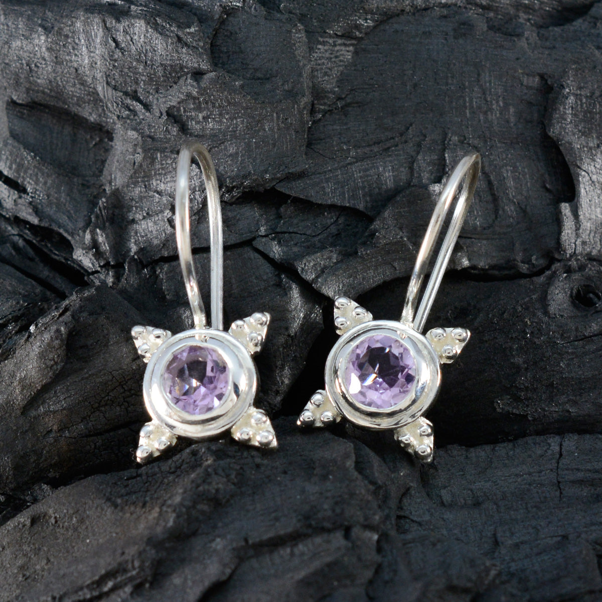 Riyo Winsome Sterling Silver Earring For Female Amethyst Earring Bezel Setting Purple Earring Dangle Earring