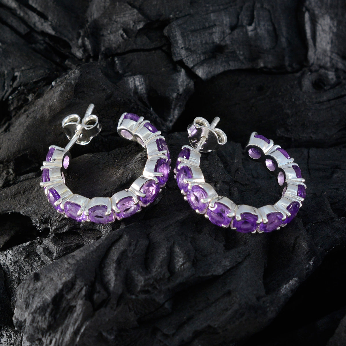 Riyo Cute 925 Sterling Silver Earring For Lady Amethyst Earring Bezel Setting Purple Earring Stud Earring