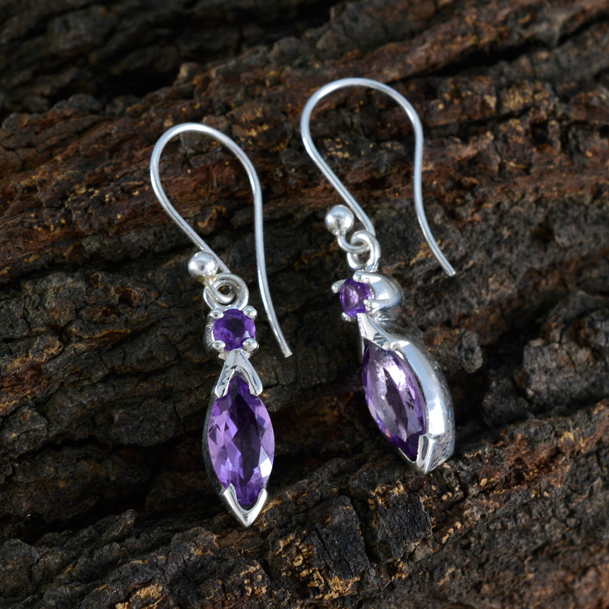 Riyo Cute 925 Sterling Silver Earring For Girl Amethyst Earring Bezel Setting Purple Earring Dangle Earring