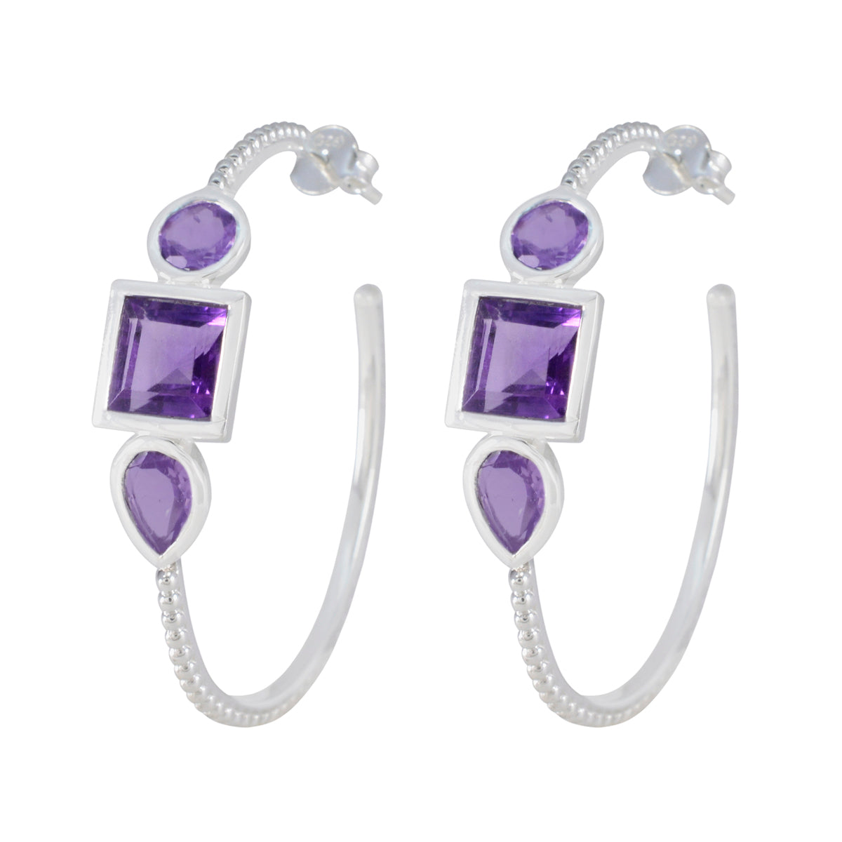 Riyo Cute 925 Sterling Silver Earring For Female Amethyst Earring Bezel Setting Purple Earring Hoop Earring