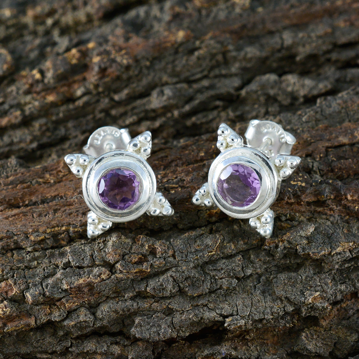 Riyo Ravishing 925 Sterling Silver Earring For Femme Amethyst Earring Bezel Setting Purple Earring Stud Earring