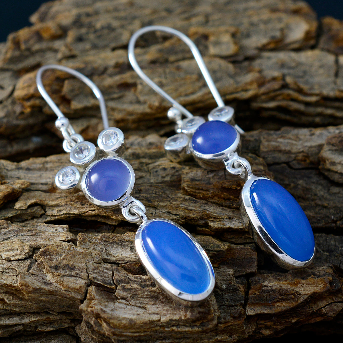 Riyo Tasty 925 Sterling Silber Ohrring für Damen, blauer Chalcedon-Ohrring, Lünettenfassung, blauer Ohrring, baumelnder Ohrring