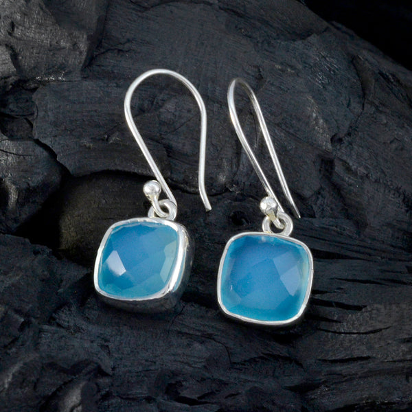 Riyo Prepossessing Sterling Silver Earring For Sister Blue Chalcedony Earring Bezel Setting Blue Earring Dangle Earring