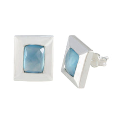 Riyo Tasty Sterling Silber Ohrring für Frau, blauer Chalcedon-Ohrring, Lünettenfassung, blauer Ohrring, Ohrstecker