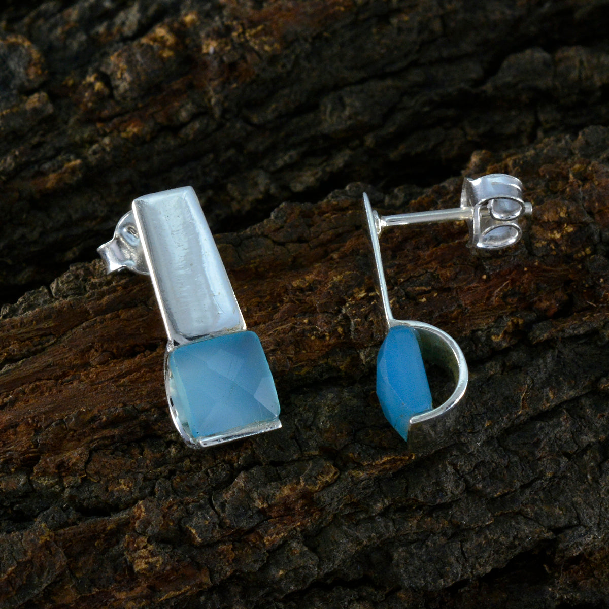 Riyo Graceful 925 Sterling Silver Earring For Sister Blue Chalcedony Earring Bezel Setting Blue Earring Stud Earring