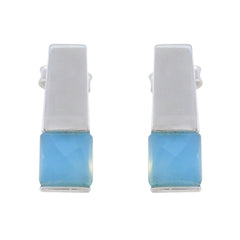 Riyo Anmutiger Ohrring aus 925er-Sterlingsilber für Schwester, blauer Chalcedon-Ohrring, Lünettenfassung, blauer Ohrring-Ohrstecker