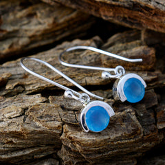 Riyo Schön aussehender Ohrring aus 925er-Sterlingsilber für Mädchen, blauer Chalcedon-Ohrring, Lünettenfassung, blauer Ohrring, baumelnder Ohrring
