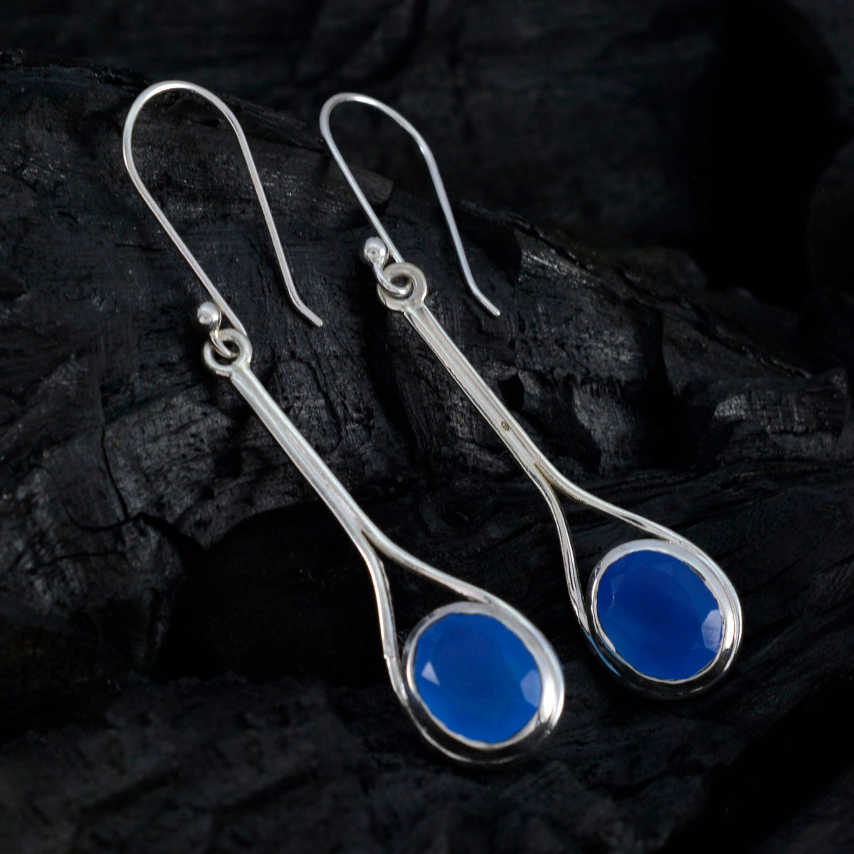 Riyo Fanciable 925 Sterling Silver Earring For Damsel Blue Chalcedony Earring Bezel Setting Blue Earring Dangle Earring