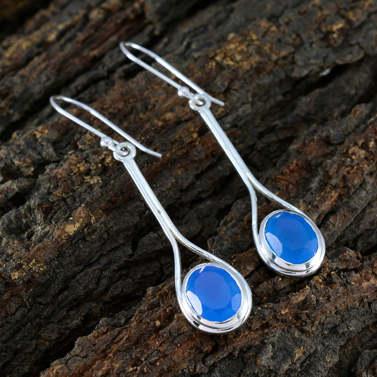 Riyo Fanciable 925 Sterling Silver Earring For Damsel Blue Chalcedony Earring Bezel Setting Blue Earring Dangle Earring