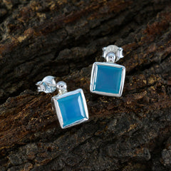 Riyo Alluring Sterling Silver Earring For Women Blue Chalcedony Earring Bezel Setting Blue Earring Stud Earring