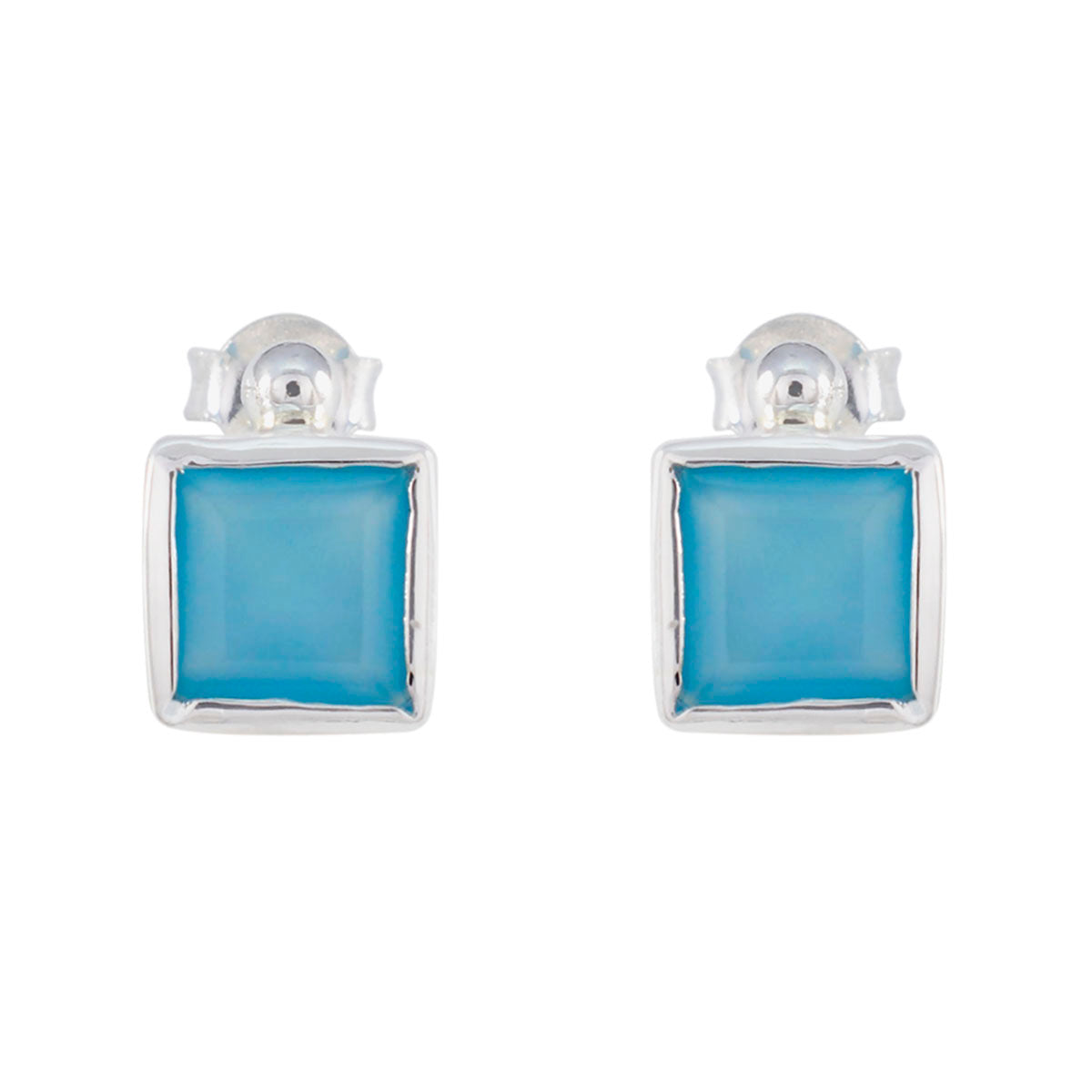 Riyo Verführerischer Sterlingsilber-Ohrring für Damen, blauer Chalcedon-Ohrring, Lünettenfassung, blauer Ohrring-Ohrstecker