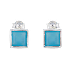 Riyo Verführerischer Sterlingsilber-Ohrring für Damen, blauer Chalcedon-Ohrring, Lünettenfassung, blauer Ohrring-Ohrstecker