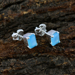 Riyo Winsome 925 Sterling Silber Ohrring für Schwester, blauer Chalcedon-Ohrring, Lünettenfassung, blauer Ohrring, Ohrstecker