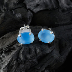 Riyo Easy On The Eye Sterling Silver Earring For Girl Blue Chalcedony Earring Bezel Setting Blue Earring Stud Earring