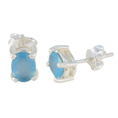 Riyo Charmanter Sterlingsilber-Ohrring für Schwester, blauer Chalcedon-Ohrring, Lünettenfassung, blauer Ohrring-Ohrstecker