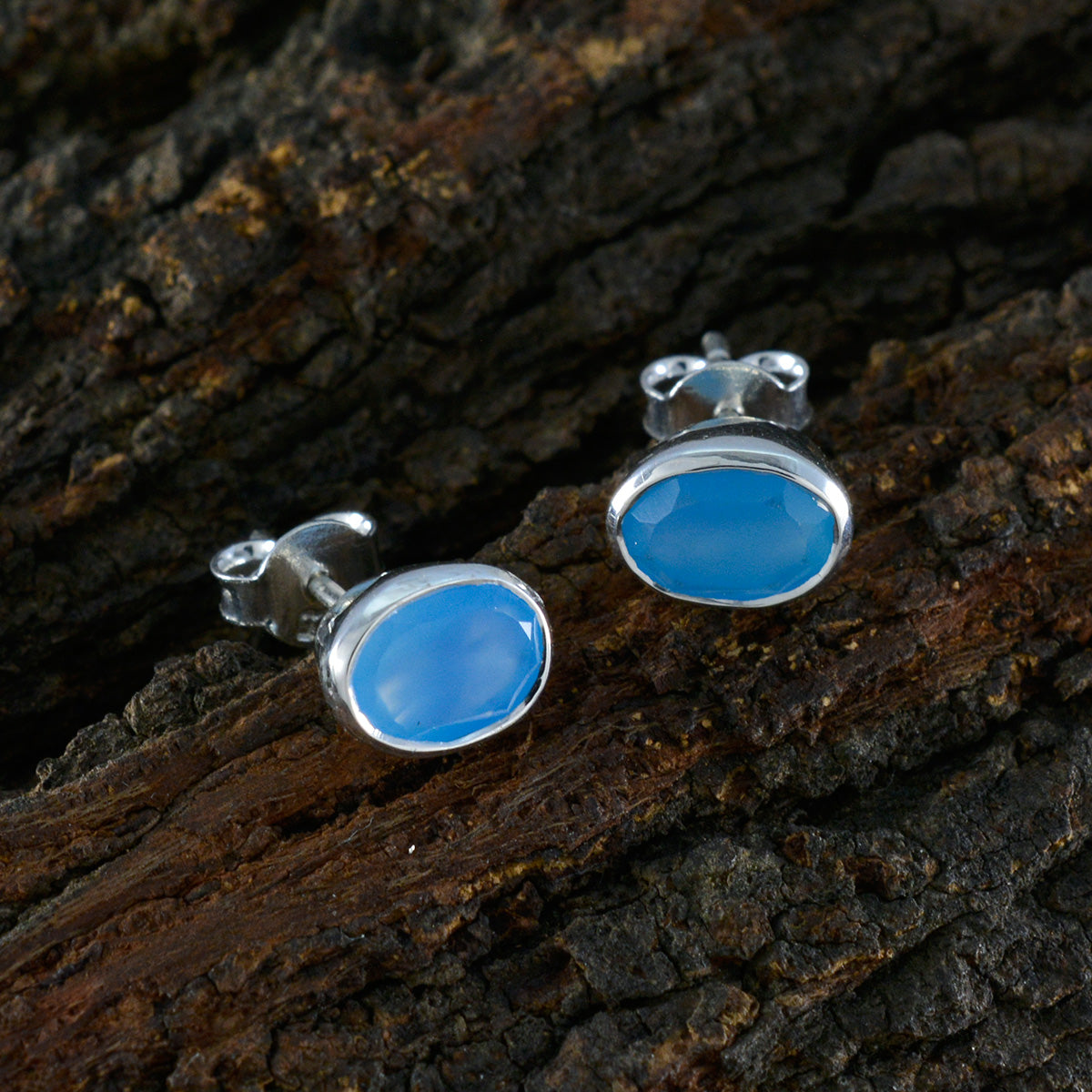 Riyo Hot Sterling Silber Ohrring für Demoiselle Blauer Chalcedon Ohrring Lünettenfassung Blauer Ohrring Ohrstecker