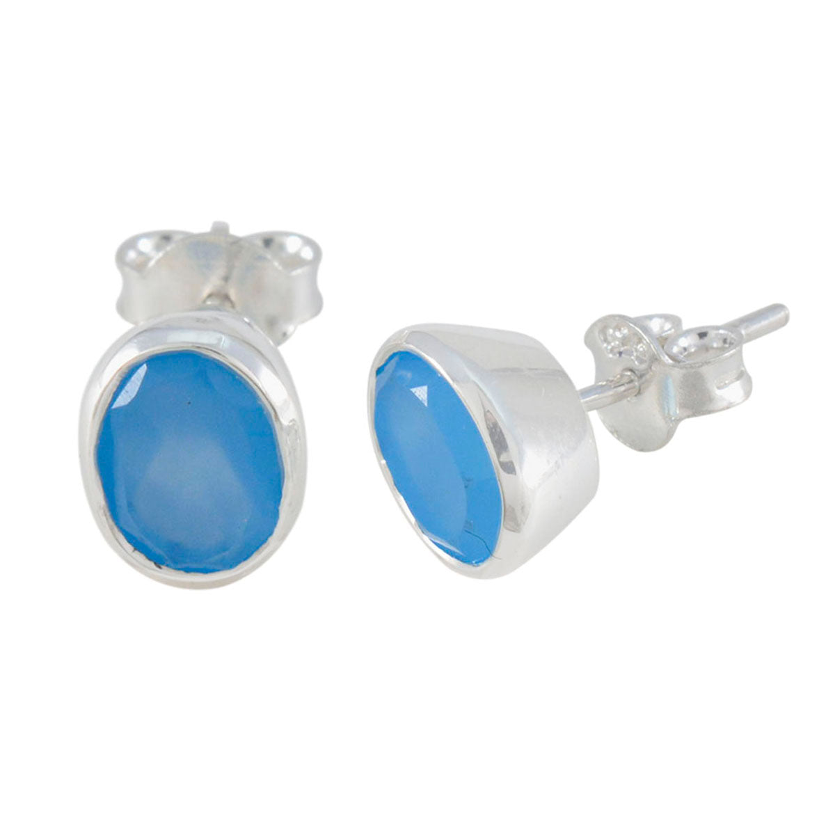 Riyo Hot Sterling Silver Earring For Demoiselle Blue Chalcedony Earring Bezel Setting Blue Earring Stud Earring