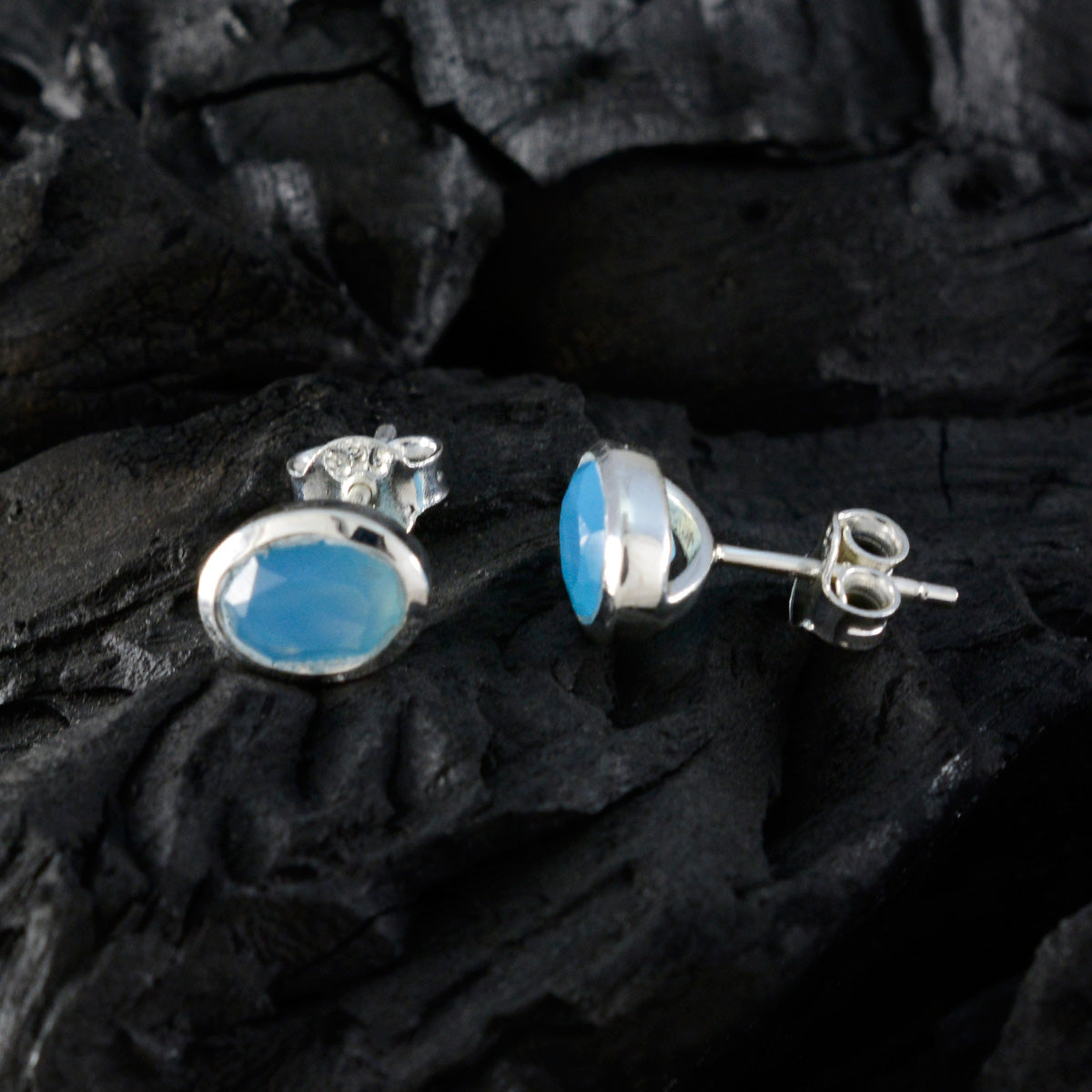 Riyo Bewitching Sterling Silver Earring For Women Blue Chalcedony Earring Bezel Setting Blue Earring Stud Earring