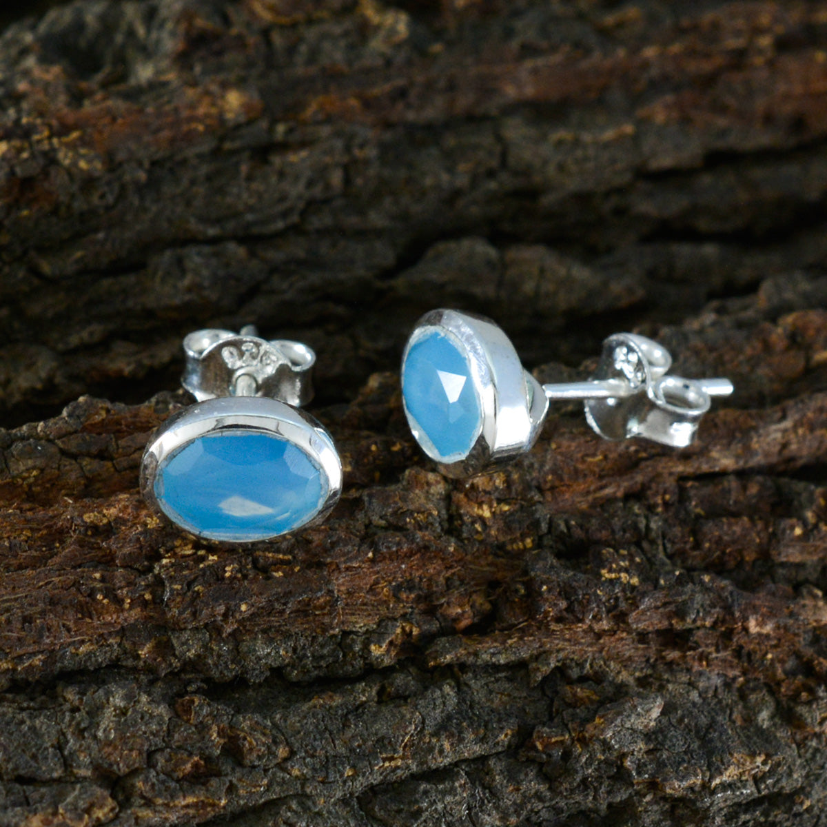 riyo förtrollande sterling silver örhänge för kvinnor blå kalcedon örhänge bezel inställning blå örhänge stift örhänge