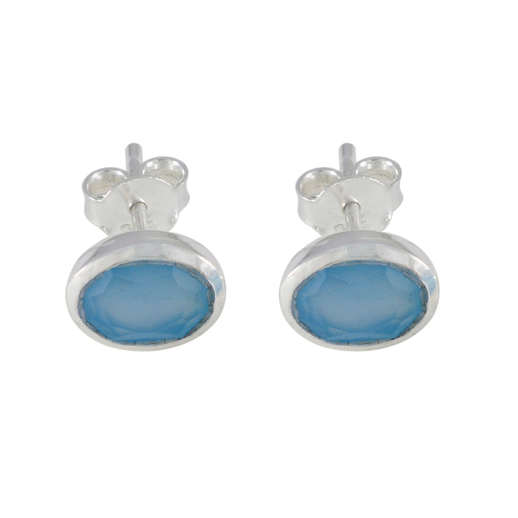 Riyo Bewitching Sterling Silver Earring For Women Blue Chalcedony Earring Bezel Setting Blue Earring Stud Earring