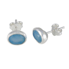 Riyo Bezaubernder Sterlingsilber-Ohrring für Damen, blauer Chalcedon-Ohrring, Lünettenfassung, blauer Ohrring-Ohrstecker