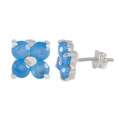Riyo Beeindruckender Sterlingsilber-Ohrring für Damen, blauer Chalcedon-Ohrring, Lünettenfassung, blauer Ohrring-Bolzenohrring