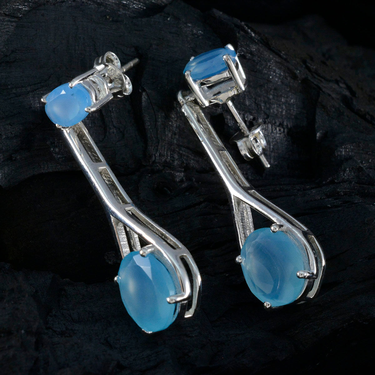 riyo fanciable 925 sterling silver örhänge för femme blå kalcedon örhänge bezel inställning blå örhänge stift örhänge