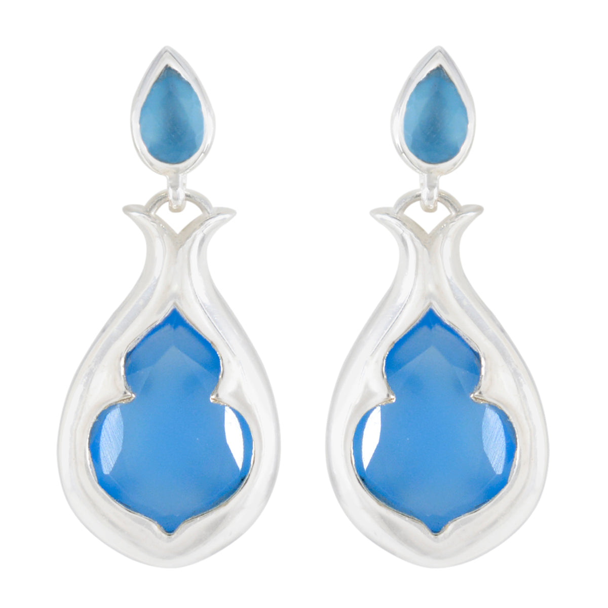 Riyo Drop-Dead Gorgeous Sterling Silver Earring For Demoiselle Blue Chalcedony Earring Bezel Setting Blue Earring Stud Earring