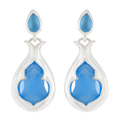 Riyo Drop-Dead Gorgeous Sterling Silver Earring For Demoiselle Blue Chalcedony Earring Bezel Setting Blue Earring Stud Earring