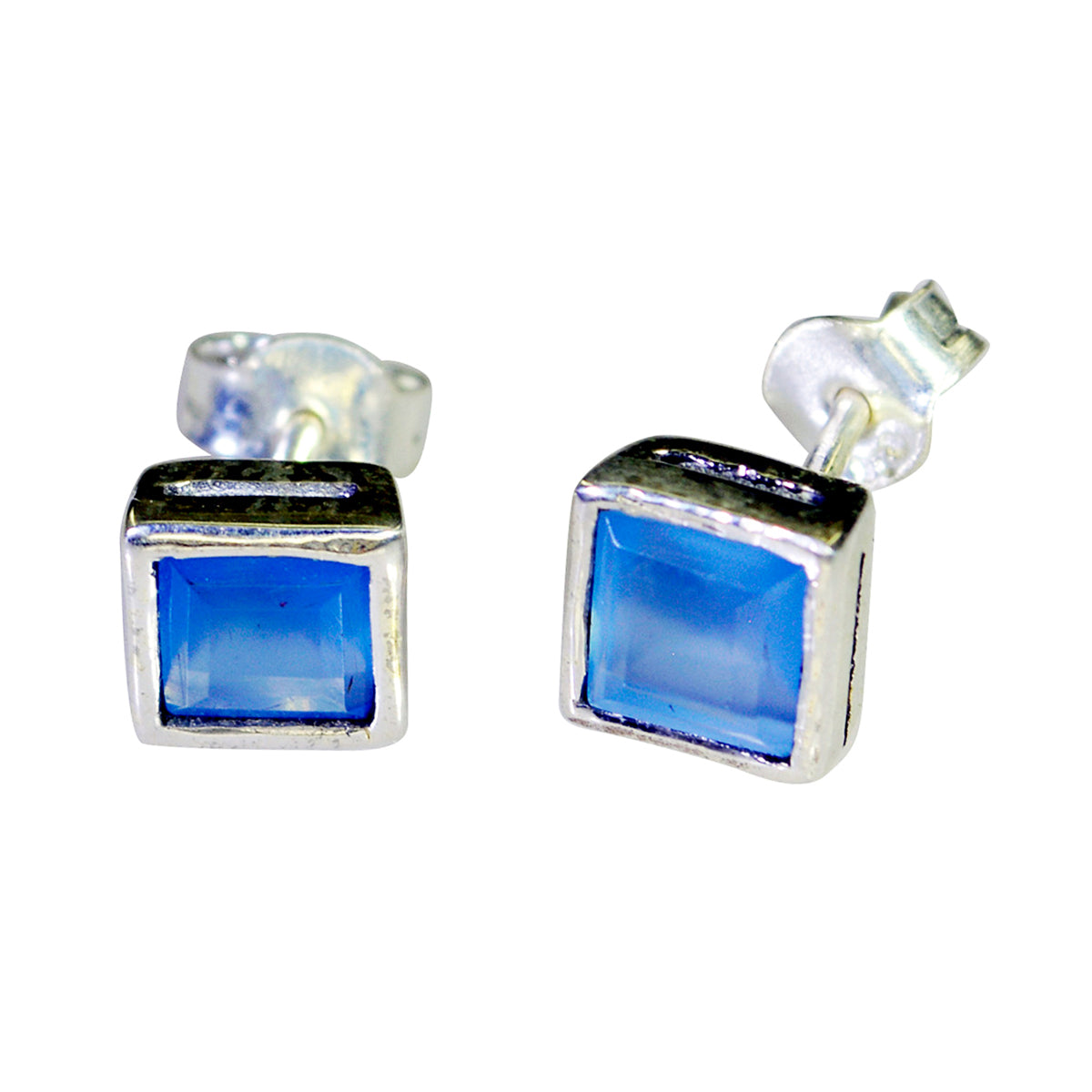 Riyo Engagierender 925er-Sterlingsilber-Ohrring für Damen, blauer Chalcedon-Ohrring, Lünettenfassung, blauer Ohrring-Bolzen-Ohrring