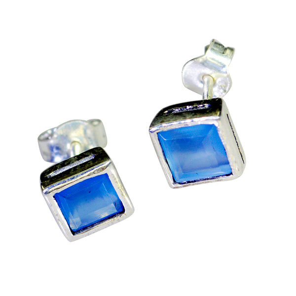 Riyo Engaging 925 Sterling Silver Earring For Femme Blue Chalcedony Earring Bezel Setting Blue Earring Stud Earring