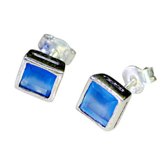 Riyo Engagierender 925er-Sterlingsilber-Ohrring für Damen, blauer Chalcedon-Ohrring, Lünettenfassung, blauer Ohrring-Bolzen-Ohrring