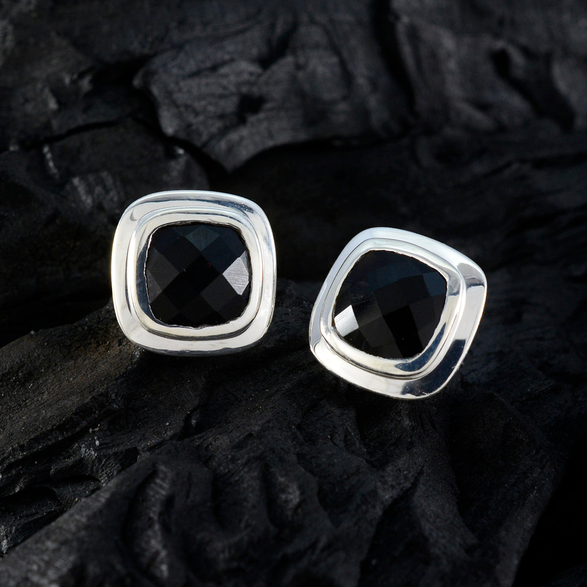 Riyo Pleasing Sterling Silver Earring For Female Black Onyx Earring Bezel Setting Black Earring Stud Earring