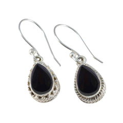 Riyo Ästhetischer Sterlingsilber-Ohrring für Damen, schwarzer Onyx-Ohrring, Lünettenfassung, schwarzer Ohrring, baumelnder Ohrring