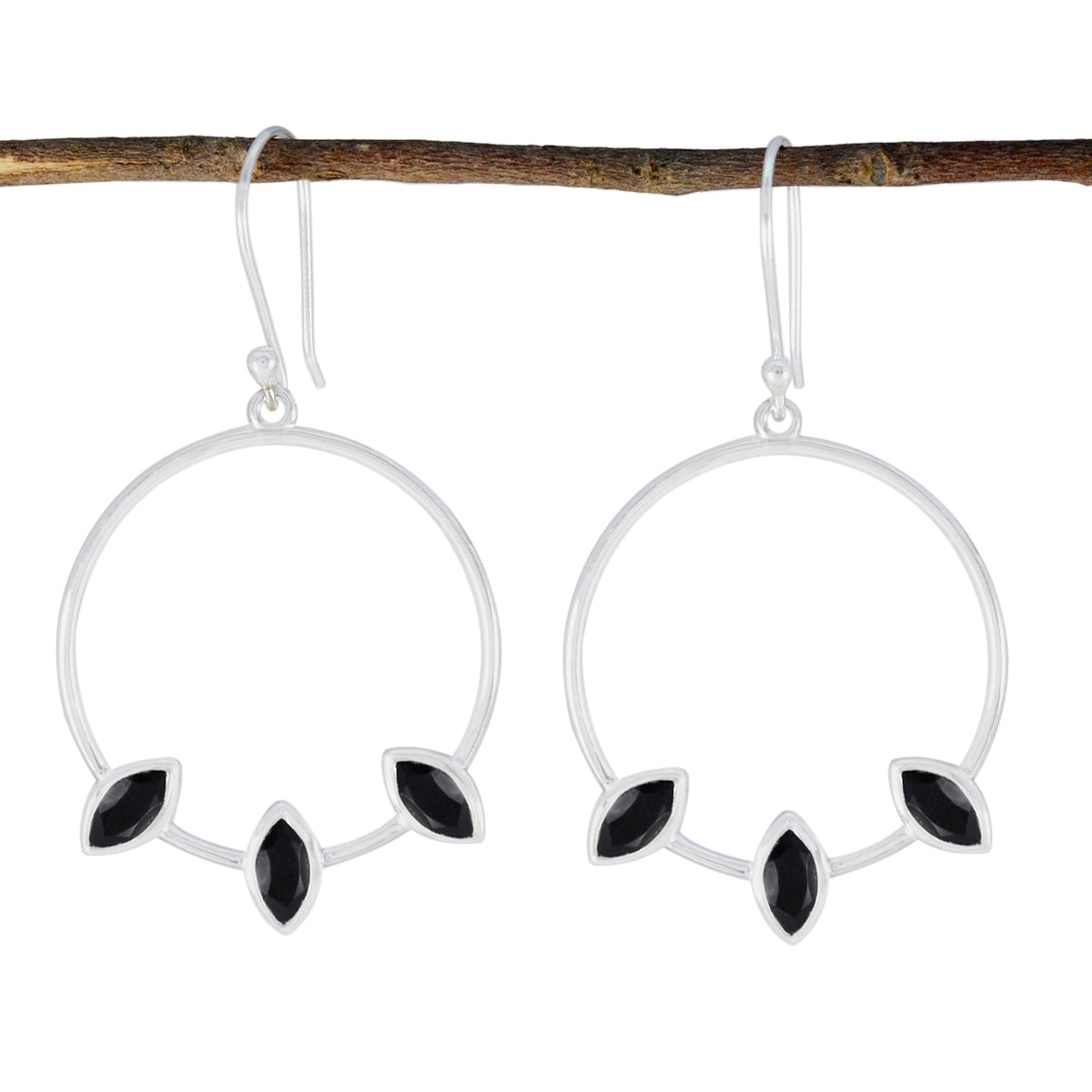 Riyo Verhaftungs-Ohrring aus Sterlingsilber für Schwester, schwarzer Onyx-Ohrring, Lünettenfassung, schwarzer Ohrring, baumelnder Ohrring