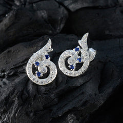 Riyo Good-Looking 925 Sterling Silver Earring For Wife Blue Sapphire CZ Earring Bezel Setting Blue Earring Stud Earring
