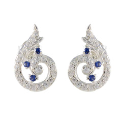 Riyo Good-Looking 925 Sterling Silver Earring For Wife Blue Sapphire CZ Earring Bezel Setting Blue Earring Stud Earring