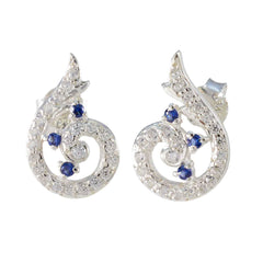 Riyo Gut aussehender 925er Sterlingsilber-Ohrring für Frau, blauer Saphir, CZ-Ohrring, Lünettenfassung, blauer Ohrring-Ohrstecker