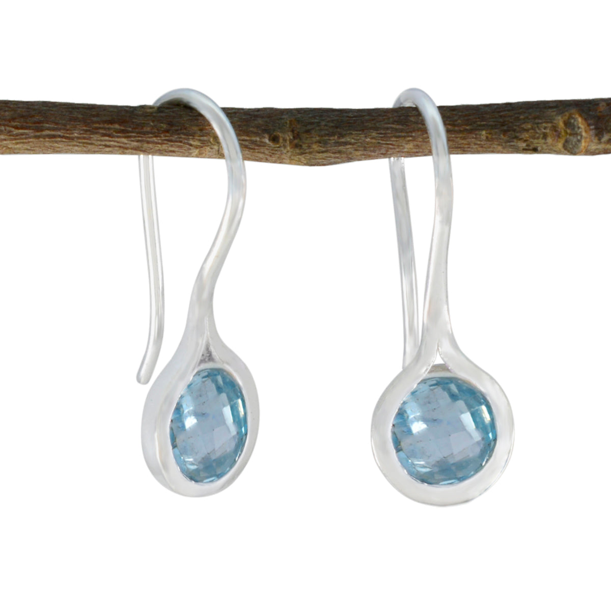 Riyo Spunky Sterling Silber Ohrring für Damen, blauer Topas-Ohrring, Lünettenfassung, blauer Ohrring, baumelnder Ohrring