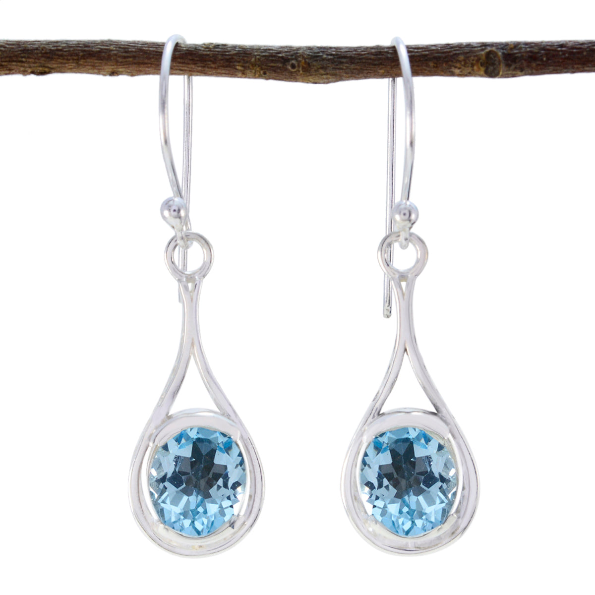 Riyo Wunderschöner Sterling-Silber-Ohrring für Schwester, blauer Topas-Ohrring, Lünettenfassung, blauer Ohrring, baumelnder Ohrring