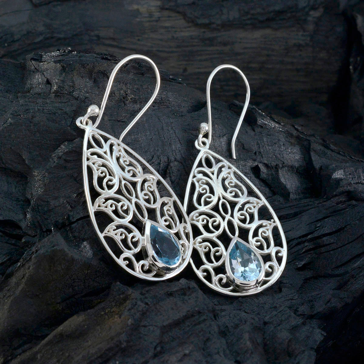 Riyo Elegant 925 Sterling Silver Earring For Lady Blue Topaz Earring Bezel Setting Blue Earring Dangle Earring