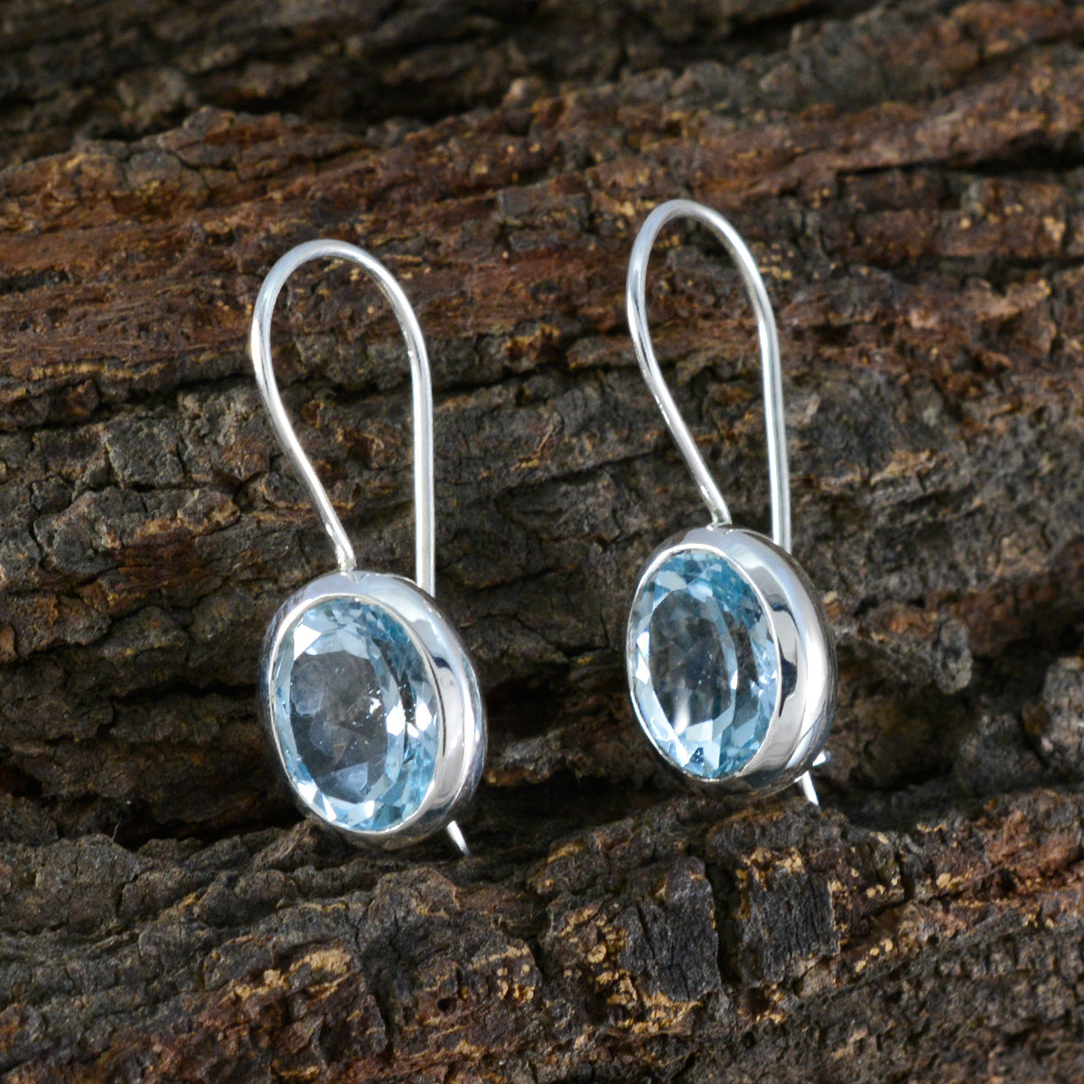 Riyo Beddable Sterling Silver Earring For Damsel Blue Topaz Earring Bezel Setting Blue Earring Dangle Earring