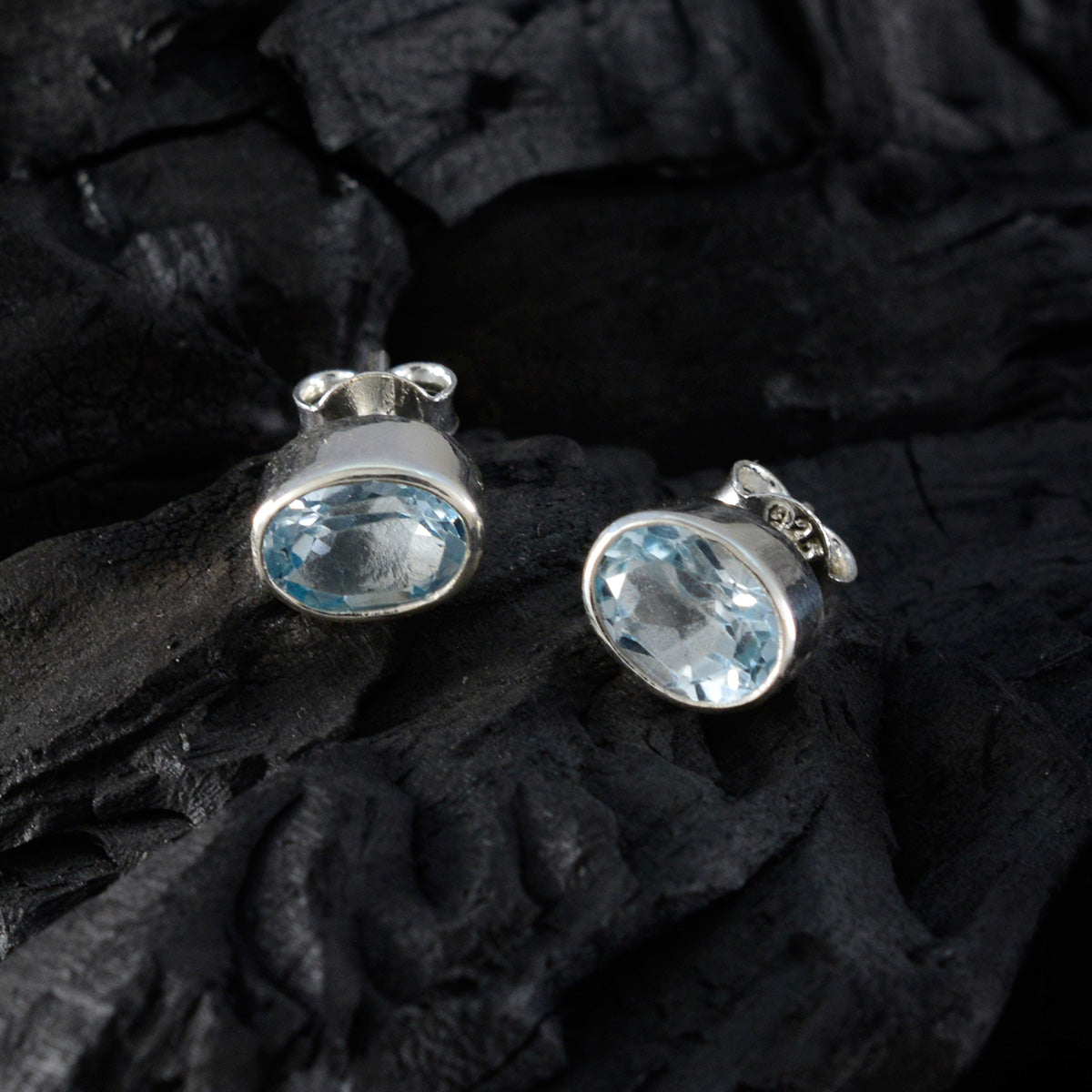 Riyo Glamorous Sterling Silver Earring For Wife Blue Topaz Earring Bezel Setting Blue Earring Stud Earring