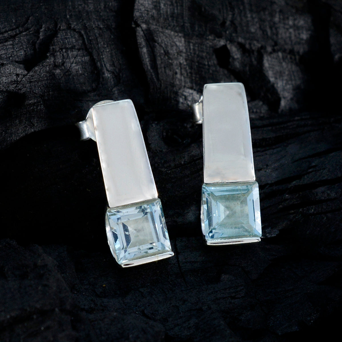 Riyo Exquisite 925 Sterling Silver Earring For Women Blue Topaz Earring Bezel Setting Blue Earring Stud Earring