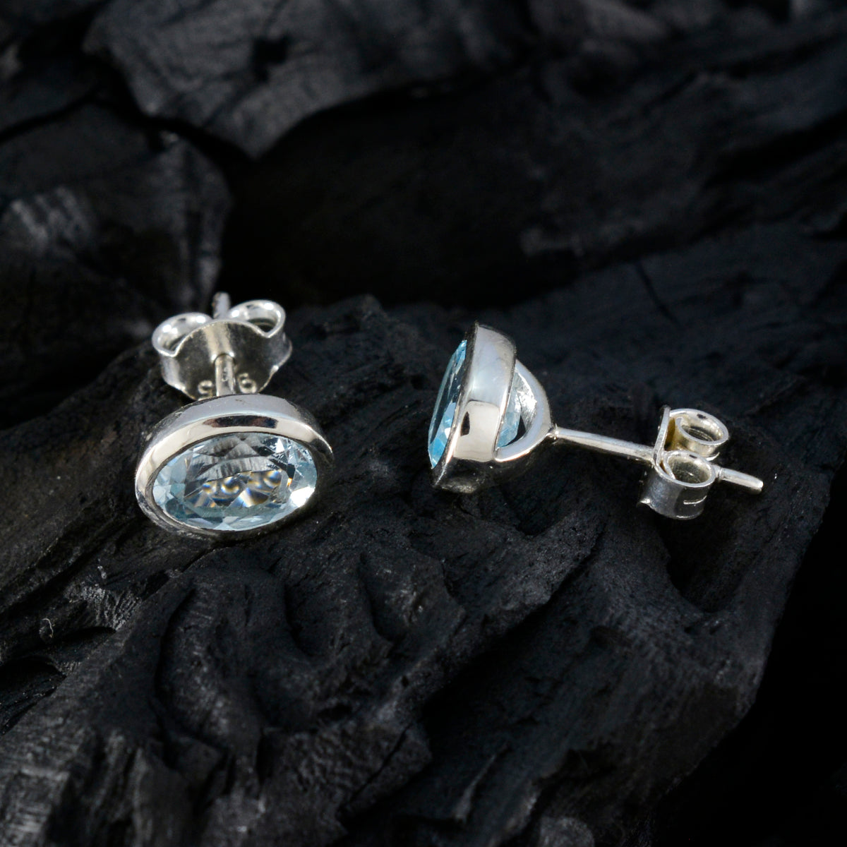 Riyo Graceful Sterling Silver Earring For Demoiselle Blue Topaz Earring Bezel Setting Blue Earring Stud Earring