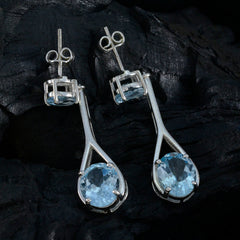 Riyo Beddable Sterling Silver Earring For Girl Blue Topaz Earring Bezel Setting Blue Earring Stud Earring