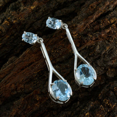 Riyo Beddable Sterling Silber Ohrring für Mädchen, blauer Topas-Ohrring, Lünettenfassung, blauer Ohrring, Ohrstecker